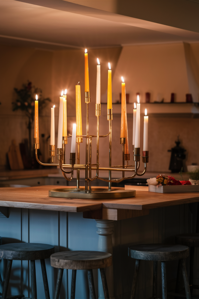 a kitchen island with a candle stand on it