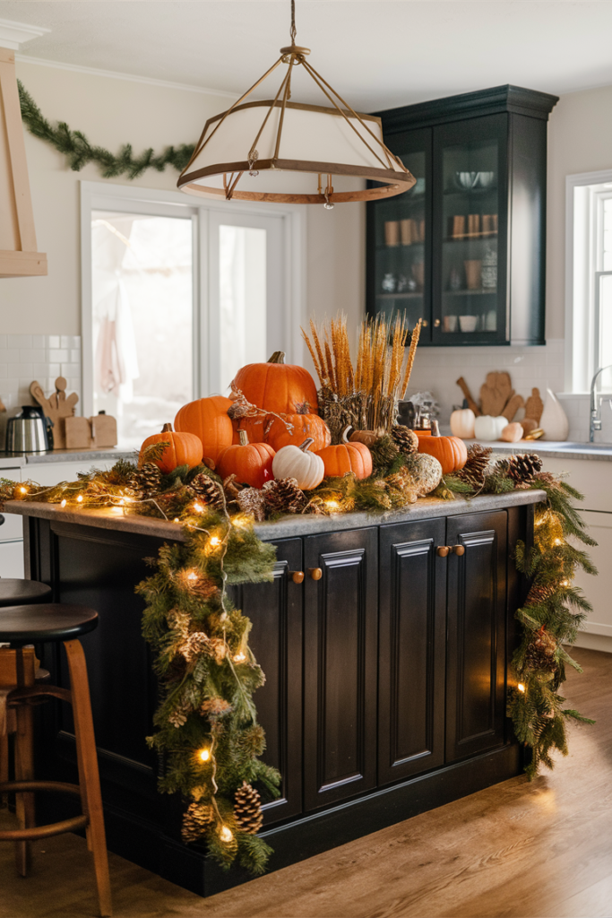 centerpiece of kitchen island decorated with pumpkins