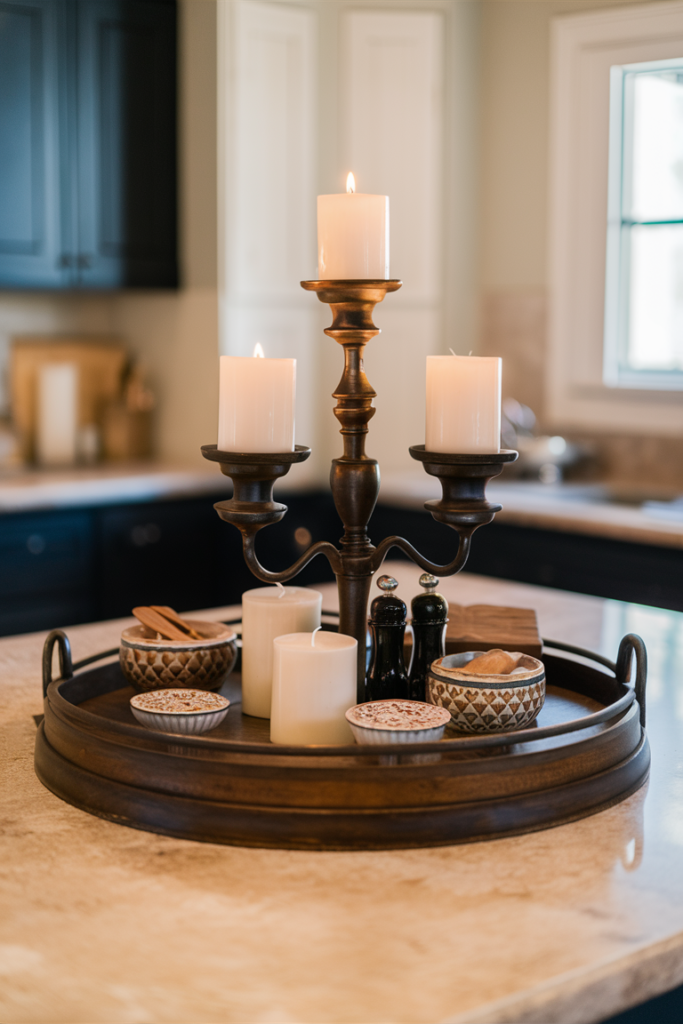 a vintage tray with candles to decorate kitchen island