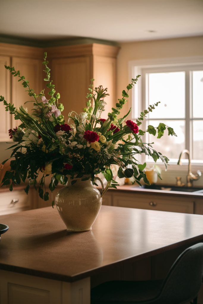 A vase full of flowers adding fresh touch to the kitchen island.