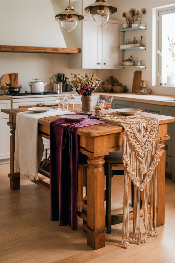 a kitchen island with runner with layered textures