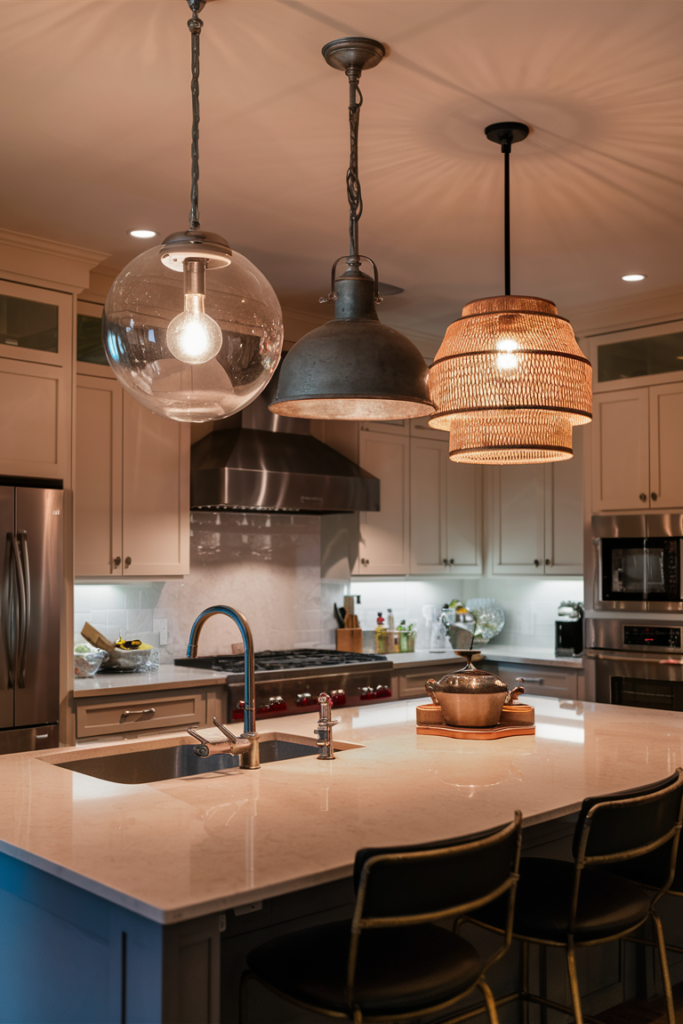 a kitchen island with a chic pendant lighting