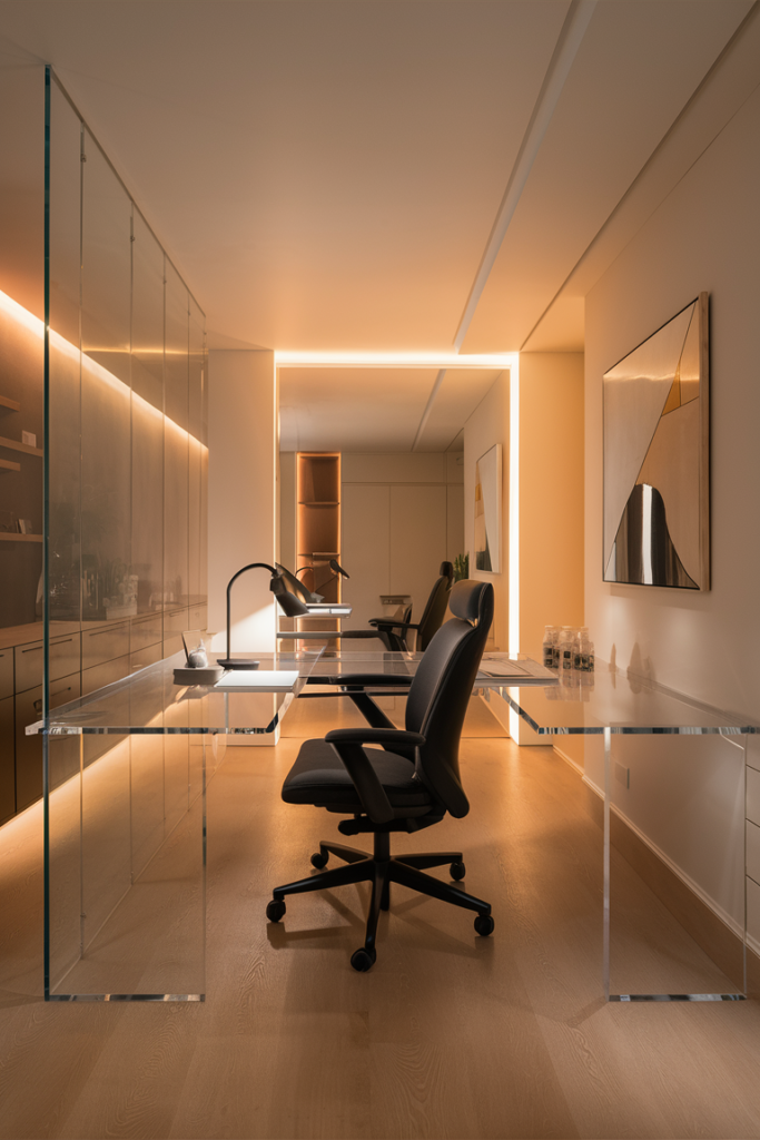 A minimalist home office featuring a transparent acrylic or glass desk, creating an airy and spacious feel. The setup includes a sleek chair, soft lighting, and a clutter-free environment, enhancing the illusion of a larger space.