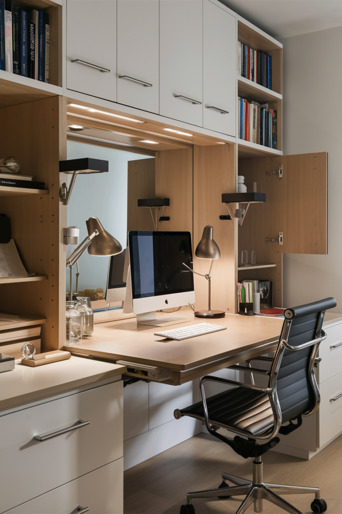 A modern home setup featuring a stylish desk that doubles as a storage cabinet or vanity. The space is decorated with functional elements such as hidden drawers, adjustable shelving, and a fold-out surface for work.