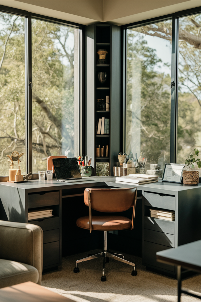 A stylish and space-saving corner desk positioned by a window, providing natural light. The desk is equipped with built-in shelves and drawers, creating a functional and clutter-free workspace.  