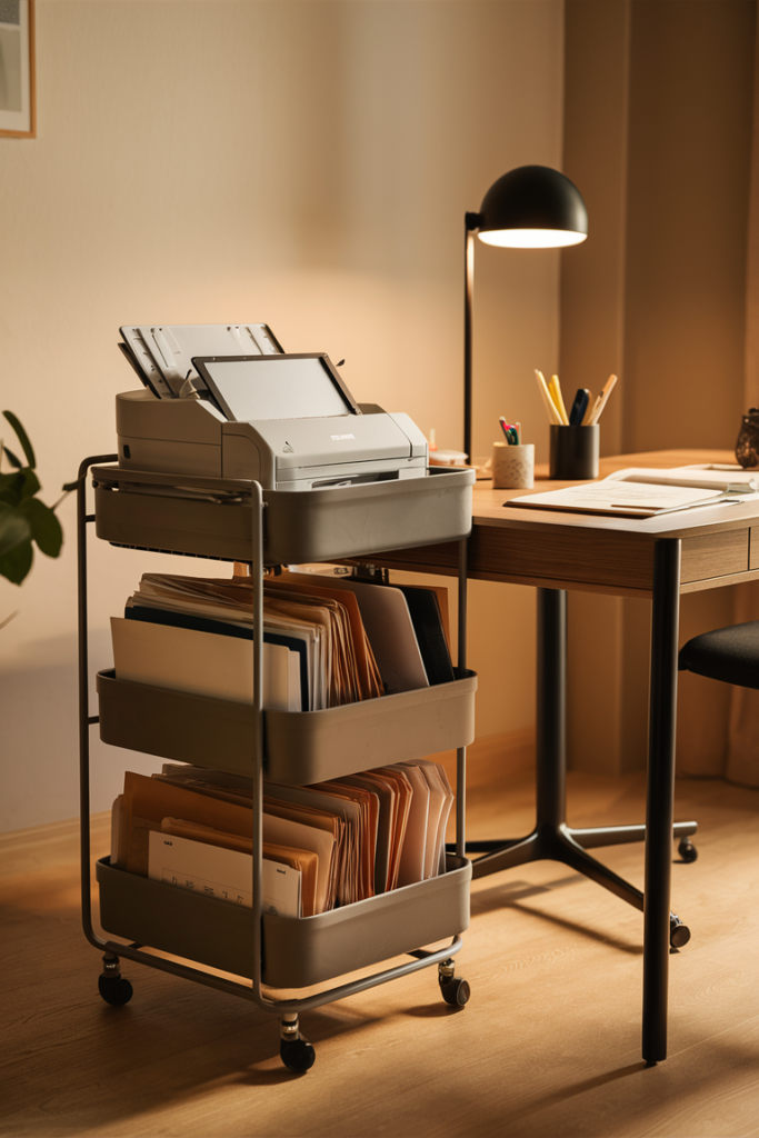 A small home office setup featuring a multi-tiered rolling cart positioned beside a desk. The cart holds office supplies, files, and a small printer, making it a mobile and efficient storage solution.