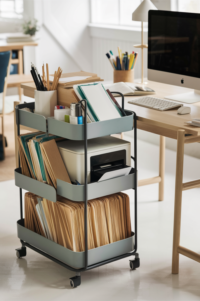 A small home office setup featuring a multi-tiered rolling cart positioned beside a desk. The cart holds office supplies, files, and a small printer, making it a mobile and efficient storage solution.