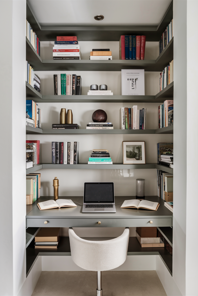 A compact office corner with a floating desk and multiple wall-mounted shelves storing books, office supplies, and decorative items. The space is neat and airy, with a functional yet stylish atmosphere.