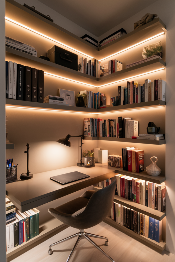 A compact office corner with a floating desk and multiple wall-mounted shelves storing books, office supplies, and decorative items. The space is neat and airy, with a functional yet stylish atmosphere.