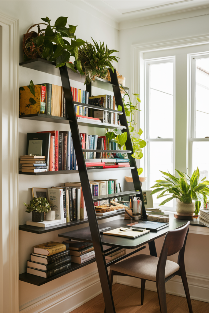 A sleek ladder desk leaning against a white wall in a small home office. The desk has multiple shelves holding books, plants, and office supplies, creating a visually appealing and practical workspace.