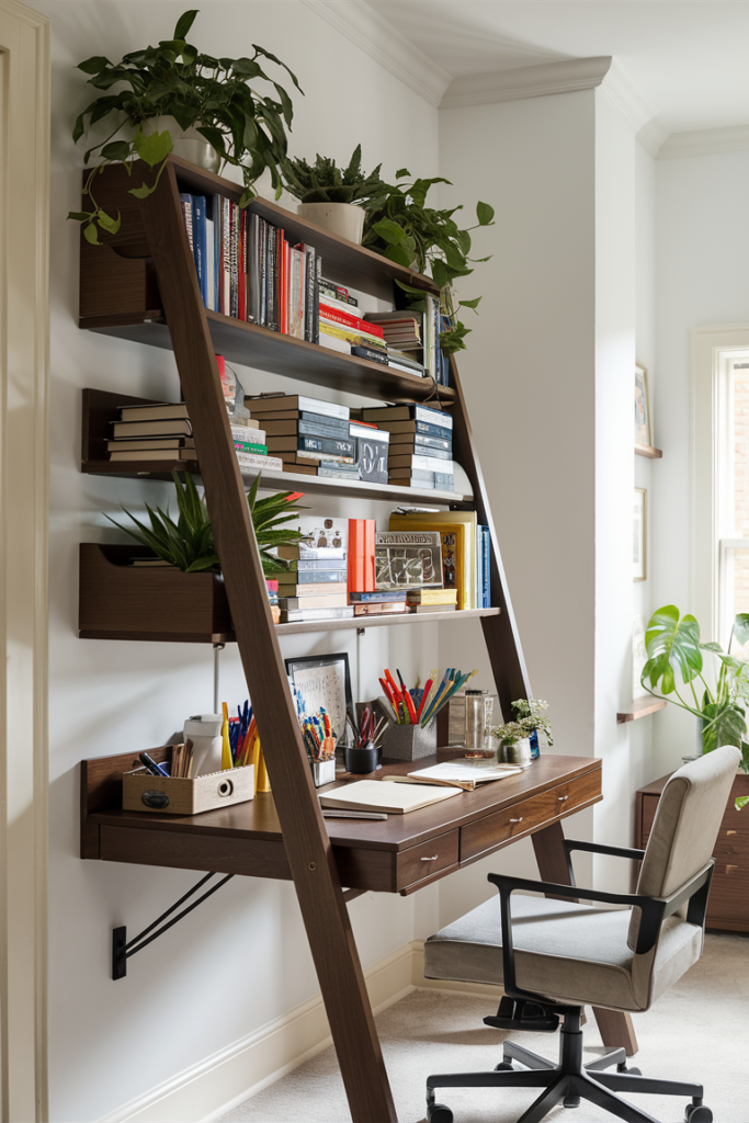 A sleek ladder desk leaning against a white wall in a small home office. The desk has multiple shelves holding books, plants, and office supplies, creating a visually appealing and practical workspace.