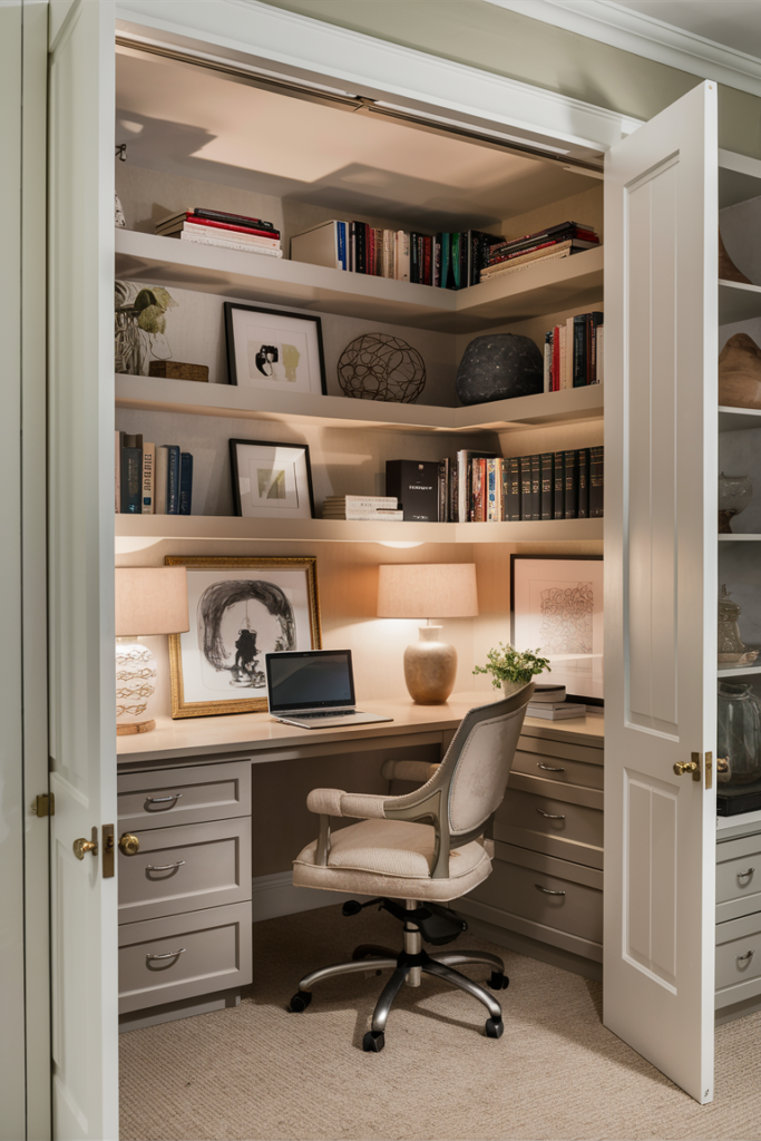 A cozy and well-organized home office inside a repurposed closet. The space features a built-in desk, floating shelves, soft lighting, and a comfortable chair. The closet doors are open, revealing a stylish yet efficient workspace.