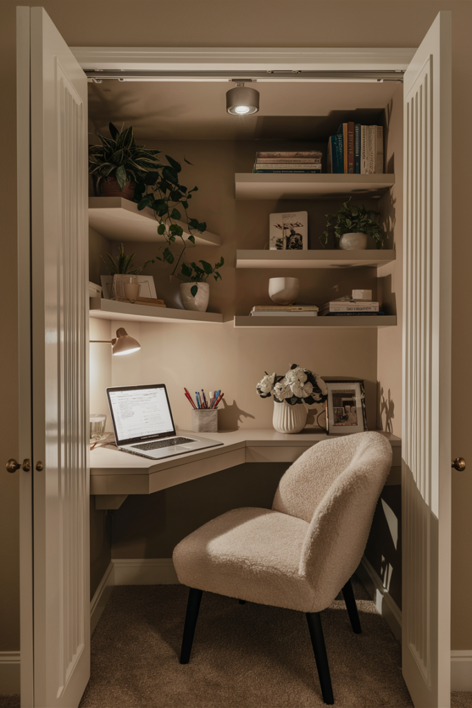 A cozy and well-organized home office inside a repurposed closet. The space features a built-in desk, floating shelves, soft lighting, and a comfortable chair. The closet doors are open, revealing a stylish yet efficient workspace.