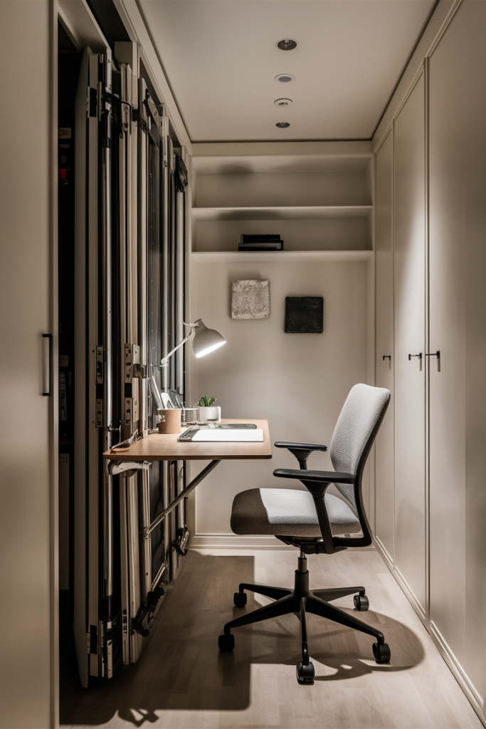 A compact home office in a small living space with a stylish foldable desk that can be easily tucked away. The setup includes a lightweight chair and simple wall décor, maximizing space while maintaining a clean and functional look.