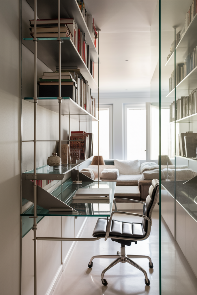 A modern home office setup featuring a sleek, wall-mounted desk with a minimalist design. Above the desk, floating shelves hold books and decorative pieces. The space is well-lit, and the surrounding area is free from clutter, creating an efficient and stylish workspace.