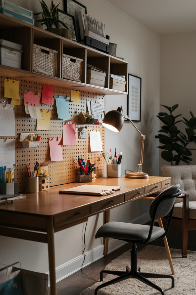 A well-organized home office featuring a pegboard mounted above the desk. The pegboard holds notes, office supplies, and small storage baskets, helping to keep the workspace tidy and efficient.