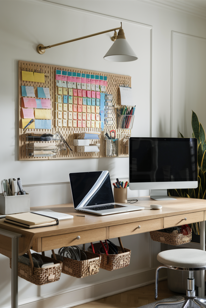 A well-organized home office featuring a pegboard mounted above the desk. The pegboard holds notes, office supplies, and small storage baskets, helping to keep the workspace tidy and efficient.