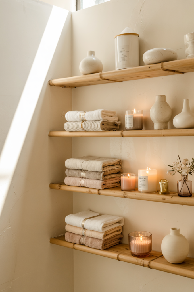 A wabi-sabi bathroom corner with uneven bamboo shelves holding linen towels, pottery, and minimalist decor. The bamboo has a slightly aged patina.